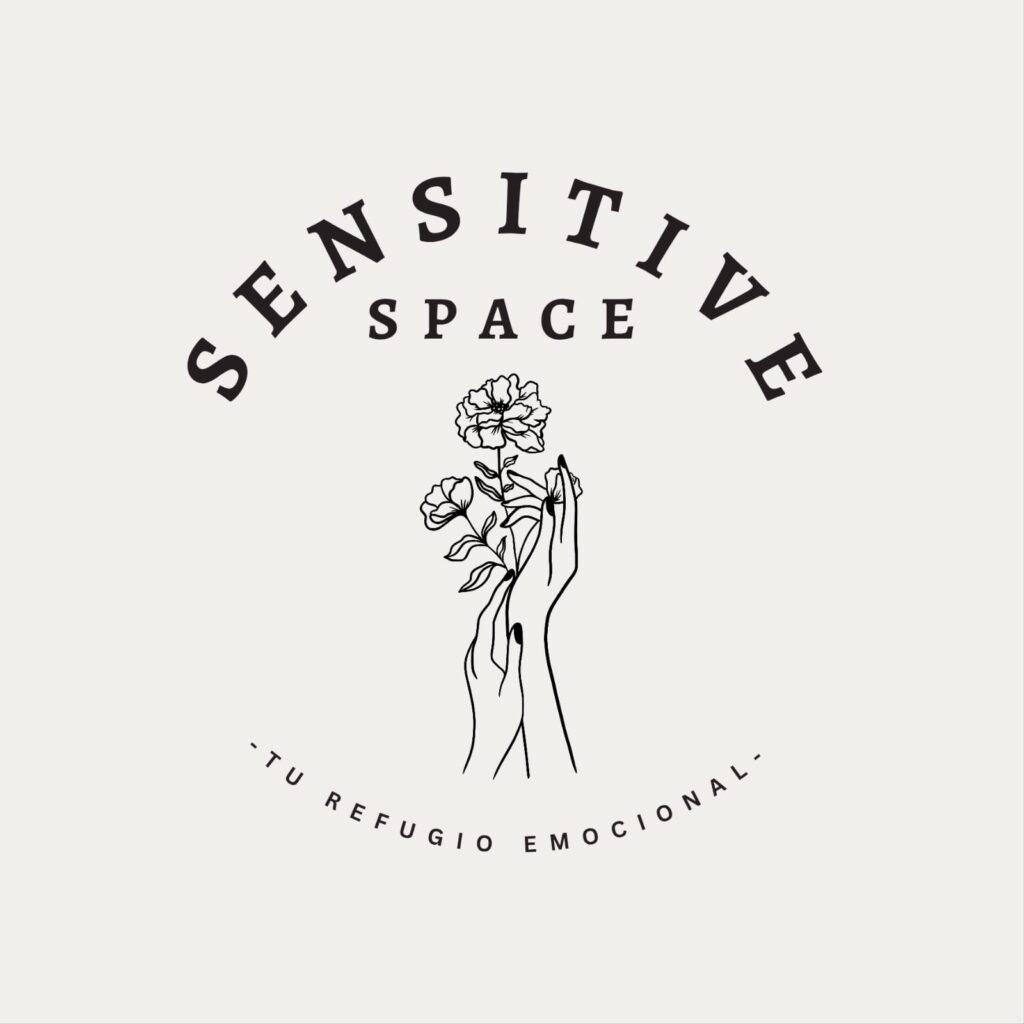 Logotipo secundario de Sensitive Space con ilustración de una mano sosteniendo flores y la frase "Tu refugio emocional"